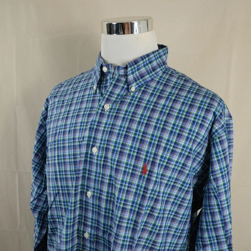 Polo Ralph Lauren XL Classic Fit Button Down Blue Green Plaid 100% Cotton Mens